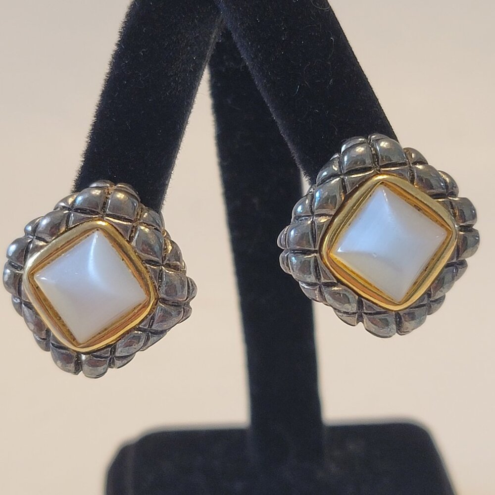 Vintage Signed Premier Designs Clip On Earrings Gold Silver Tone Moonglow Glass